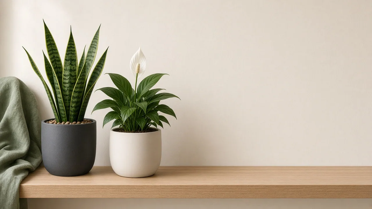 Snake plant and peace lily on a sunlit shelf