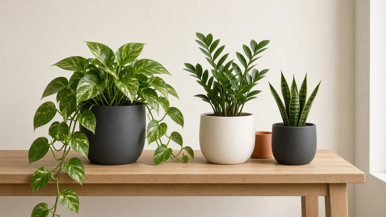 A pothos, ZZ plant and snake plant grouped on a wooden table