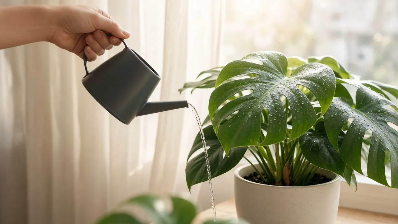 Watering a monstera by a bright window