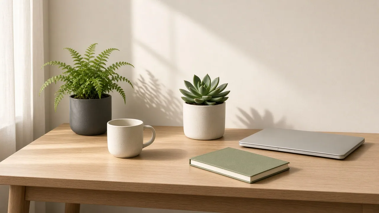 A desk with a laptop and two small potted plants