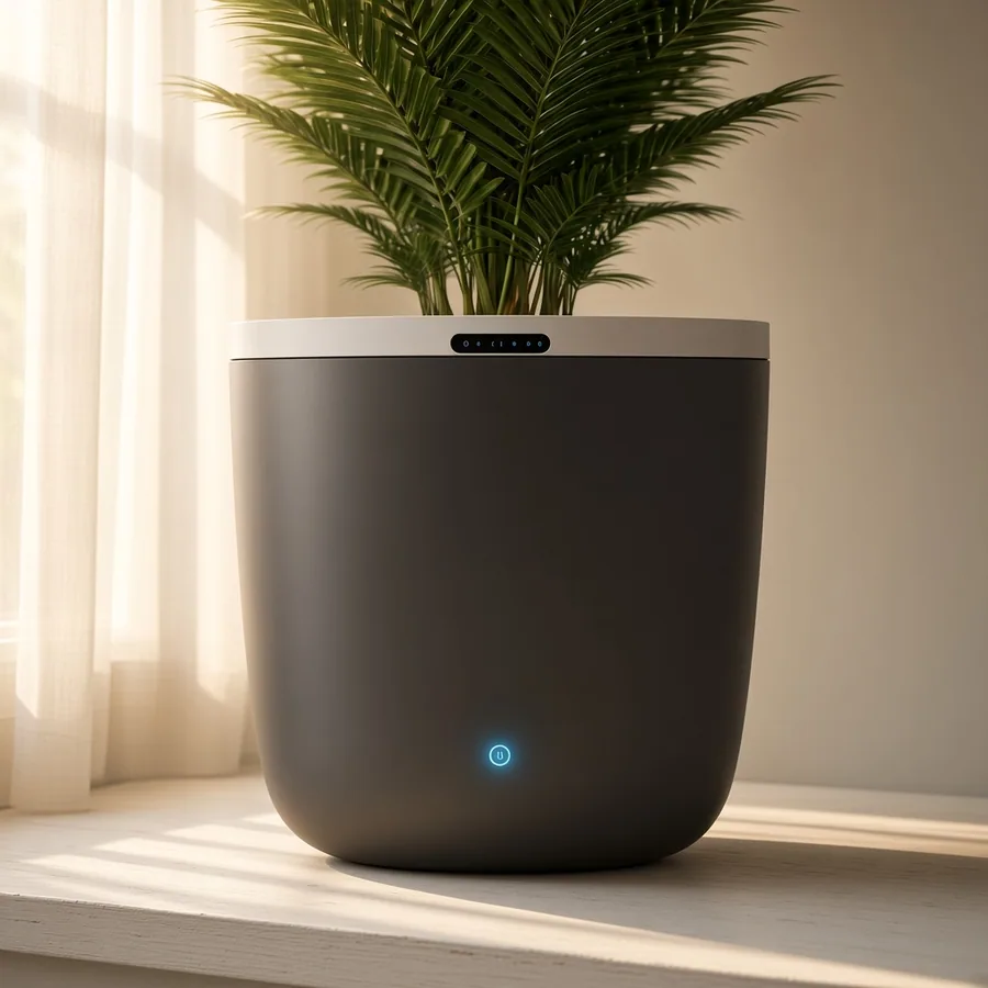 RootRains Smart Planter on a windowsill in morning light