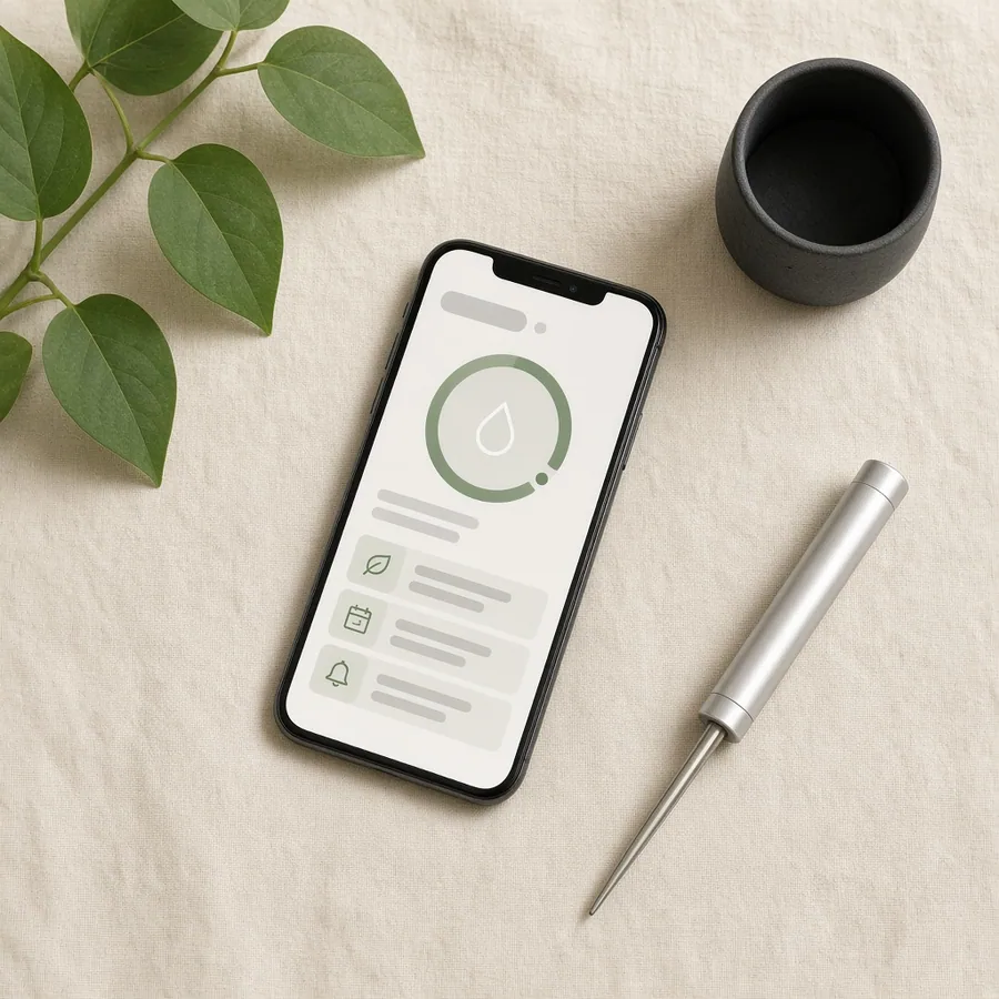 Flat lay of the RootRains app, leaves and a soil probe