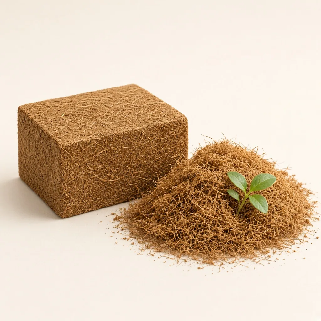 Compressed RootRains cocopeat block beside loose coir, on a cream studio backdrop