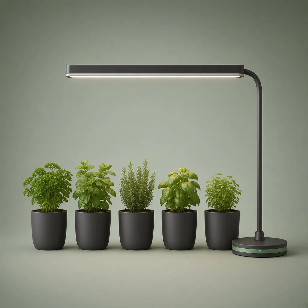 RootRains Grow Light on a slim brushed-aluminium arm above a small plant, on a sage studio backdrop