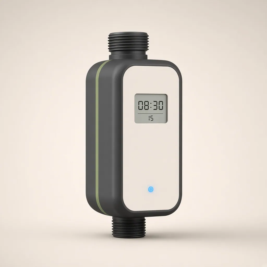 RootRains Smart Gardener controller unit with drip tubing, on a cream studio backdrop