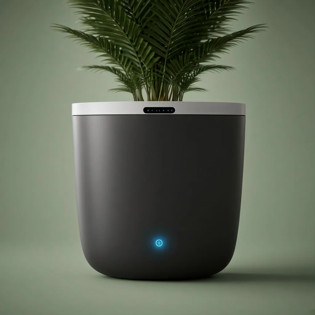RootRains Smart Planter in matte charcoal with a parlor palm, on a sage studio backdrop