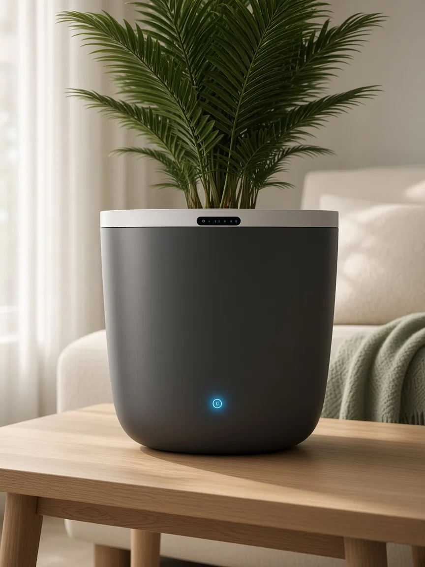 RootRains Smart Planter on a wooden side table in a bright modern living room