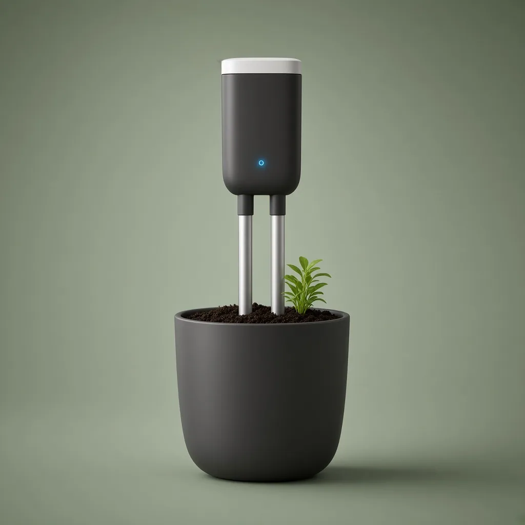 RootRains Smart Sensor soil probe standing in a small pot, on a sage studio backdrop