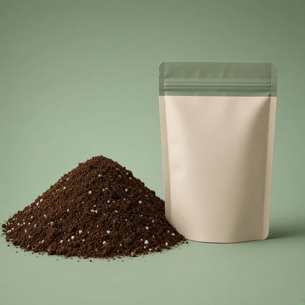 Bag of RootRains Smart Soil with a mound of dark potting mix, on a sage studio backdrop